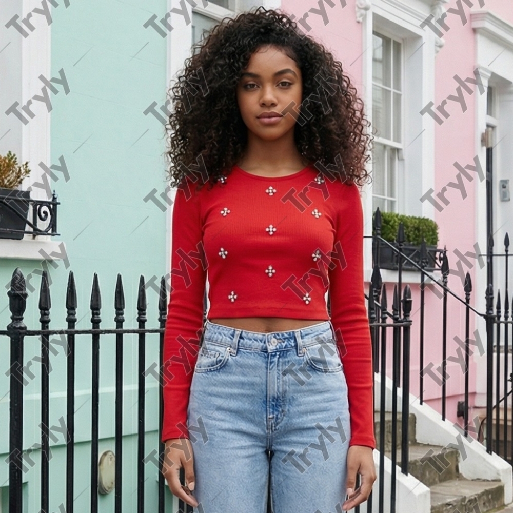 Vibrant Red Long Sleeve Diamond Juniors Top
